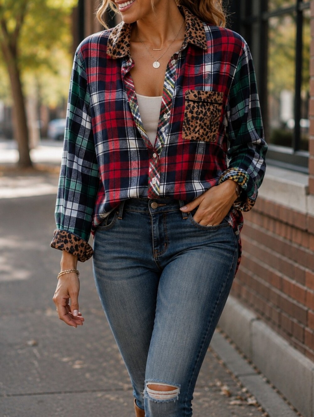 Aerie Cotton Blend Mixed Plaid Button Down Shirt Leopard Accents Multicolor